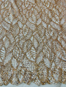 Fancy Leaf Pattern with Beads - Rose Gold - Embroidered Leaves Design on Mesh Sold By The Yard