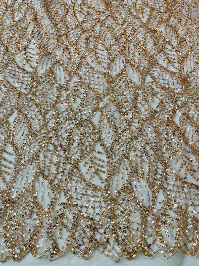 Fancy Leaf Pattern with Beads - Rose Gold - Embroidered Leaves Design on Mesh Sold By The Yard