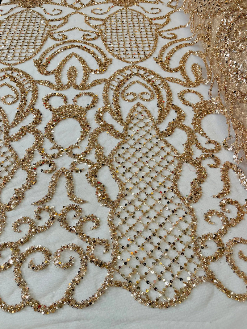 Fashion Design Bead Damask Fabric - Rose Gold - Embroidered Elegant Design on Mesh Sold By The Yard
