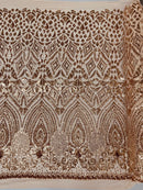Geometric Design Fabric - Rose Gold - 4 Way Stretch Embroidered Design Sequins Fabric By Yard