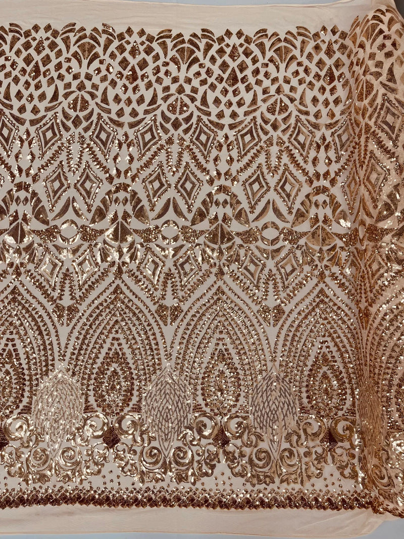 Geometric Design Fabric - Rose Gold - 4 Way Stretch Embroidered Design Sequins Fabric By Yard