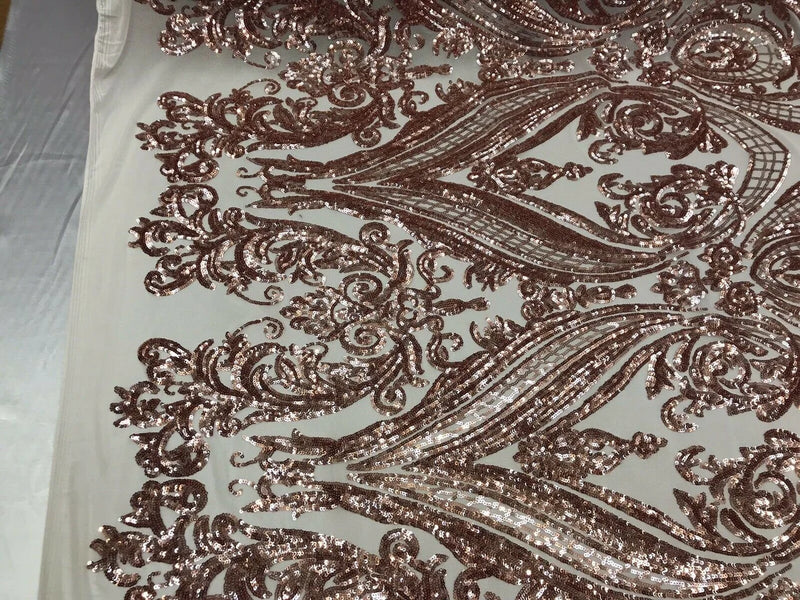 Rose Gold Sequins Fabric on Mesh, Damask Design 4 Way Stretch Sequin Fabric Sold By The Yard