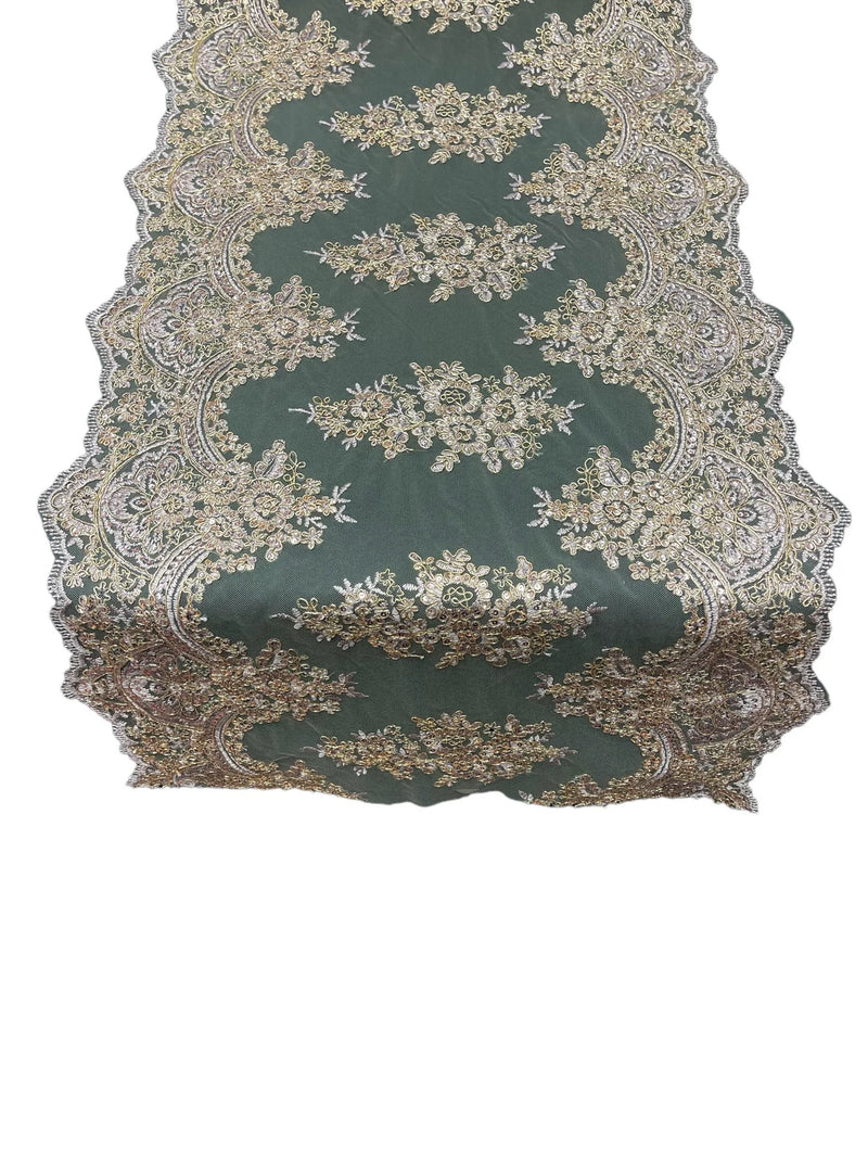 21" Wide Floral Metallic Pattern Lace Table Runner - Rose Gold - Metallic Table Runner Sold By Yard