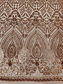 Geometric Design Fabric - Rose Gold - 4 Way Stretch Embroidered Design Sequins Fabric By Yard