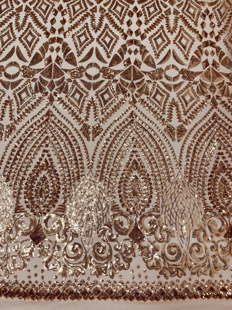 Geometric Design Fabric - Rose Gold - 4 Way Stretch Embroidered Design Sequins Fabric By Yard