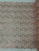 Metallic Flower Design - Rose Gold - Corded Floral Pattern Sequins Fabric Sold By Yard