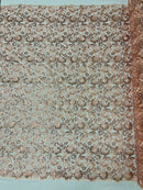 Metallic Flower Design - Rose Gold - Corded Floral Pattern Sequins Fabric Sold By Yard