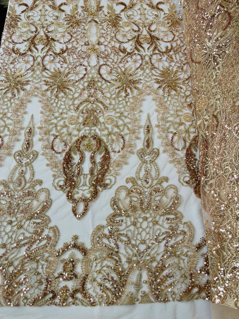 Damask Beaded Pattern Fabric - Rose Gold - Embroidered Beaded Bridal Applique Fabric Sold By The Yard