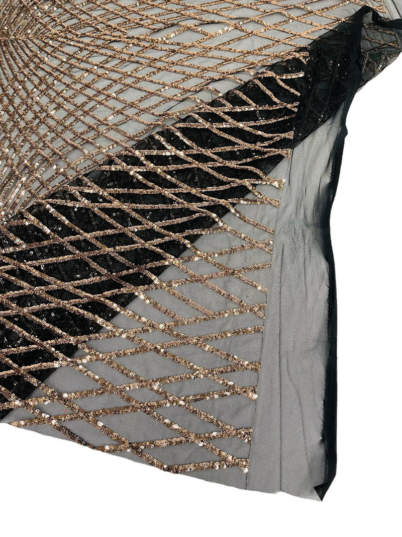 Diamond Geometric Sequins - Rose Gold on Black - 2 Way Stretch Lace Geometric Fabric Sold By Yard