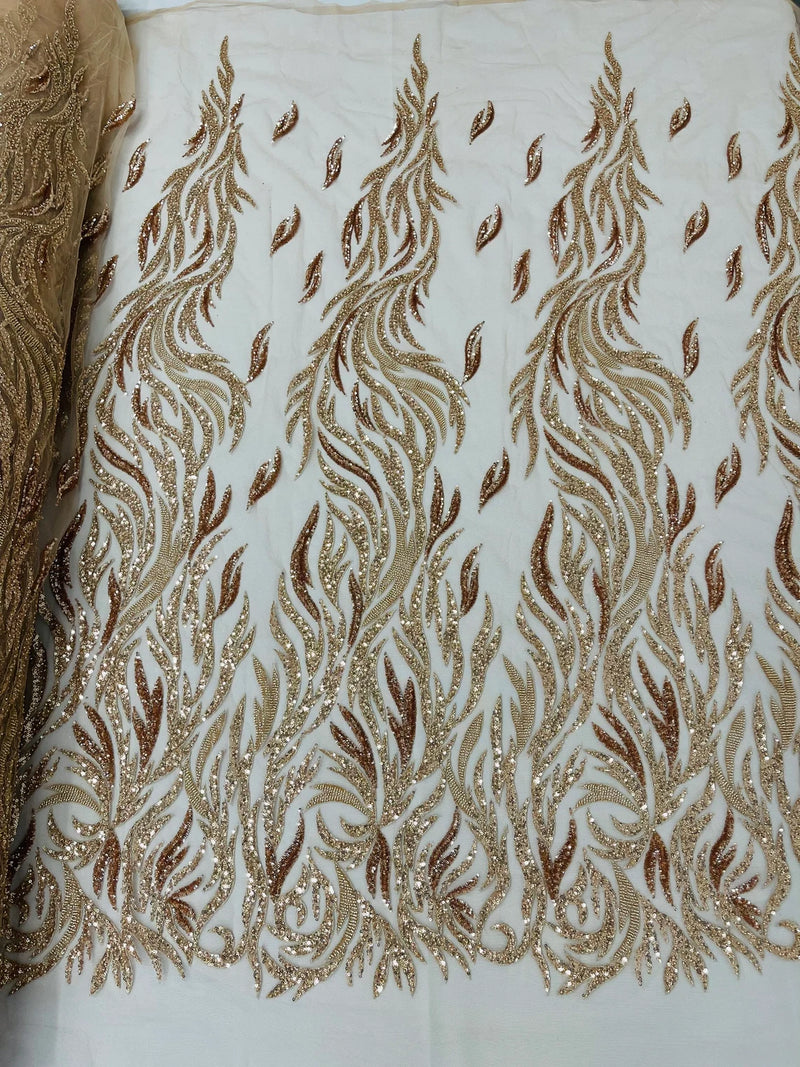 Beaded Flame Design Fabric - Rose Gold - Beaded Embroidered Fire Flame Design Fabric by Yard