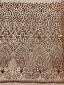 Geometric Design Fabric - Rose Gold - 4 Way Stretch Embroidered Design Sequins Fabric By Yard