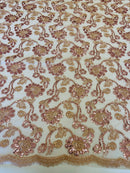 Floral Embroidered Lace - Rose - Floral Corded Lace With Sequins Sold By Yard