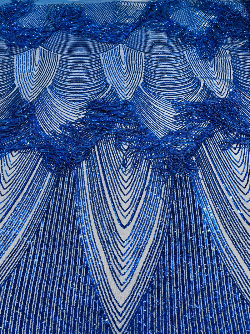 Fringe Sequins Design - Royal Blue - Fringe Design Embroidered on a  4 Way Stretch Lace Mesh (Pick A Size)