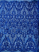 Heart Shape Sequins Fabric - Royal Blue - 4 Way Stretch Sequins Damask Fabric By Yard