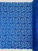 Metallic Flower Design - Royal Blue - Corded Floral Pattern Sequins Fabric Sold By Yard