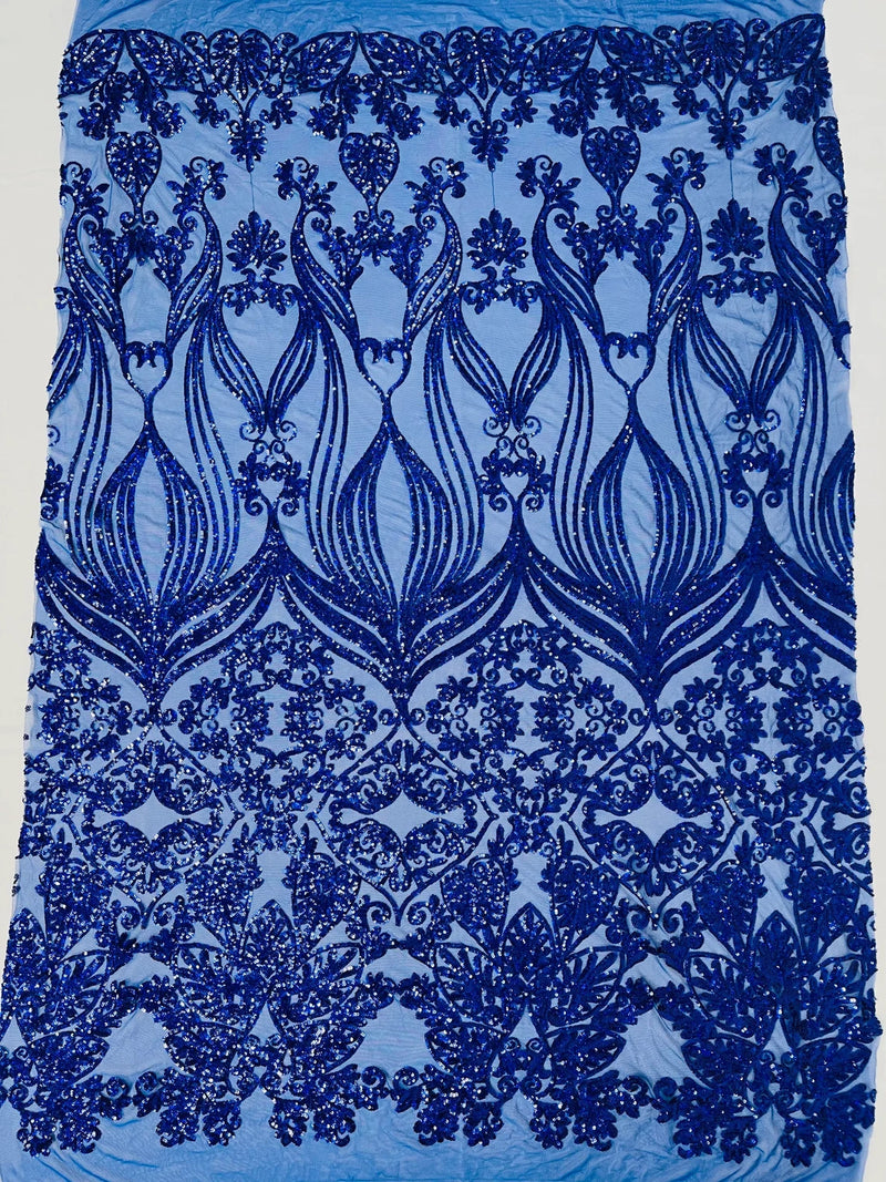 Damask Small Heart Design - Royal Blue - Floral Heart Design Sequins on Mesh By Yard