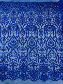 Damask Fancy Pattern Fabric - Royal Blue - 4 Way Stretch Sequins Prom Design By Yard