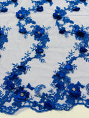3D Flower Sequin Cluster Design - Royal Blue - Sequins Embroidered Floral Design on Tulle Sold By Yard
