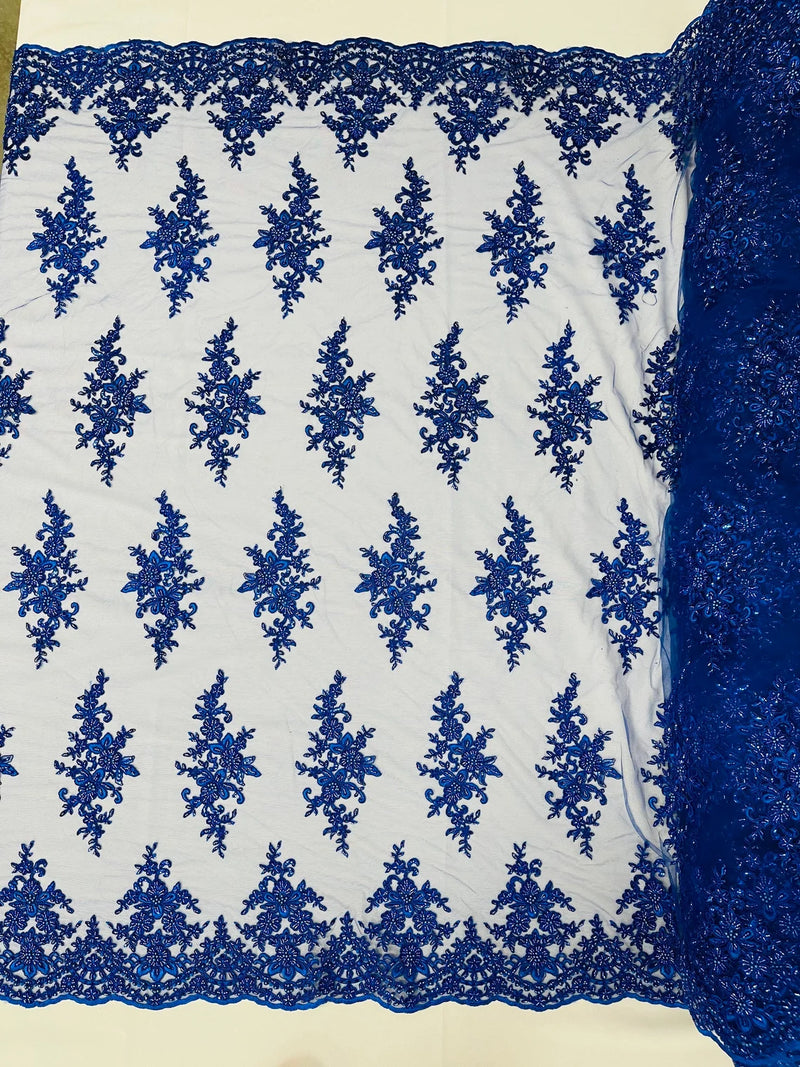 Fancy Border Cluster Fabric - Royal Blue - Embroidered Beaded Flower Lace Design on Mesh Yard