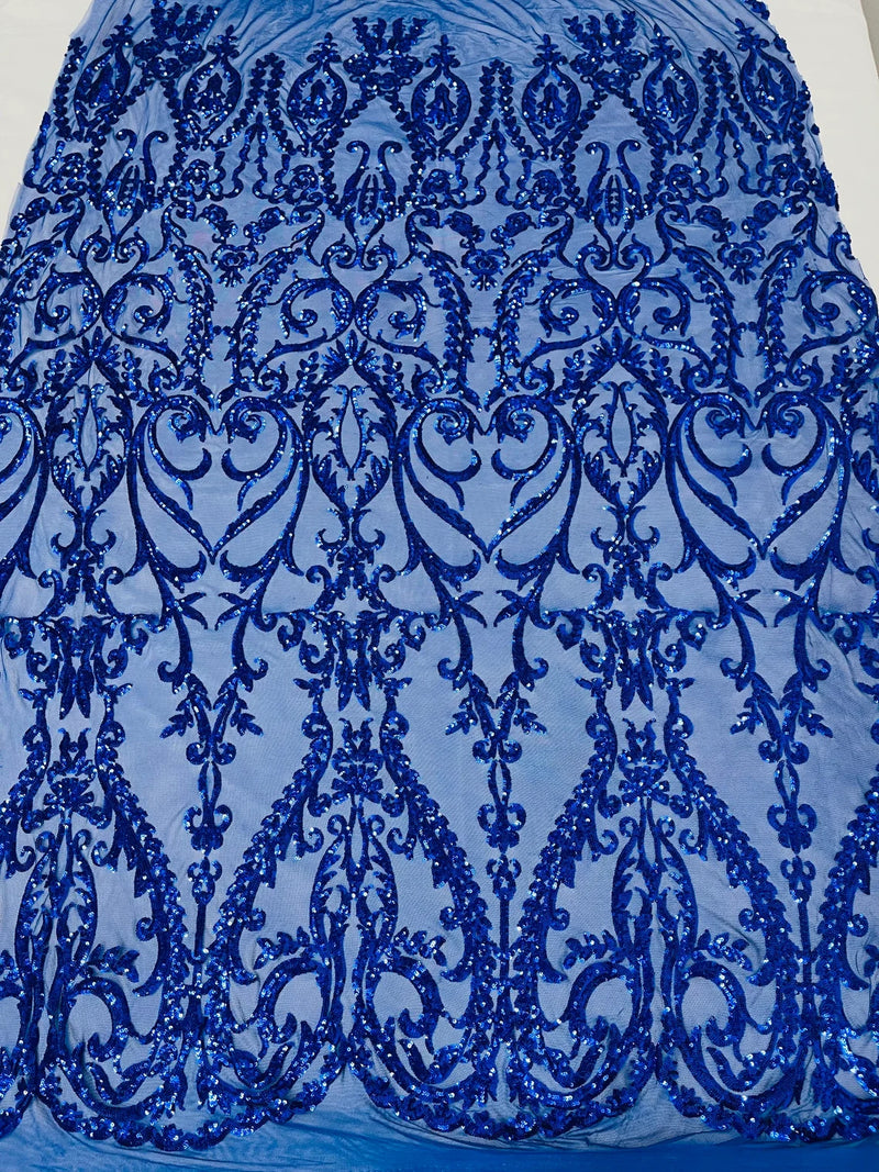 Heart Shape Sequins Fabric - Royal Blue - 4 Way Stretch Sequins Damask Fabric By Yard