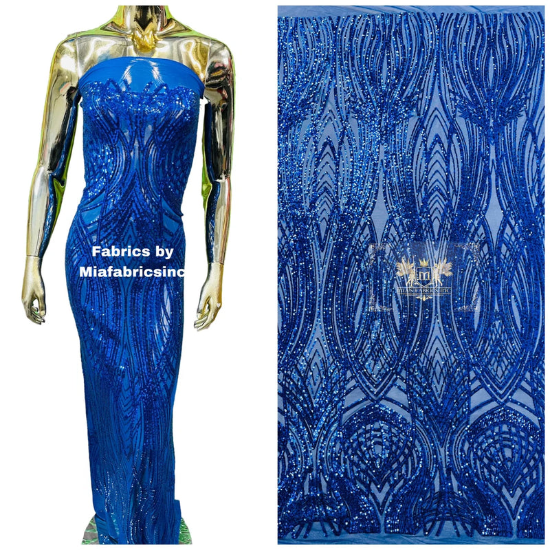 Long Wavy Line Design Sequins - Royal Blue - 4 Way Stretch Sequin Design on Mesh Fabric By Yard