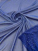 Power Mesh Polyester Rhinestones Fabric - Royal Blue - 4 Way Stretch Mesh Fabric Sold by Yard