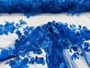 3D Rose Plant Fabric - Royal Blue - Embroidered Flower Design Rose Fabric Sold by Yard