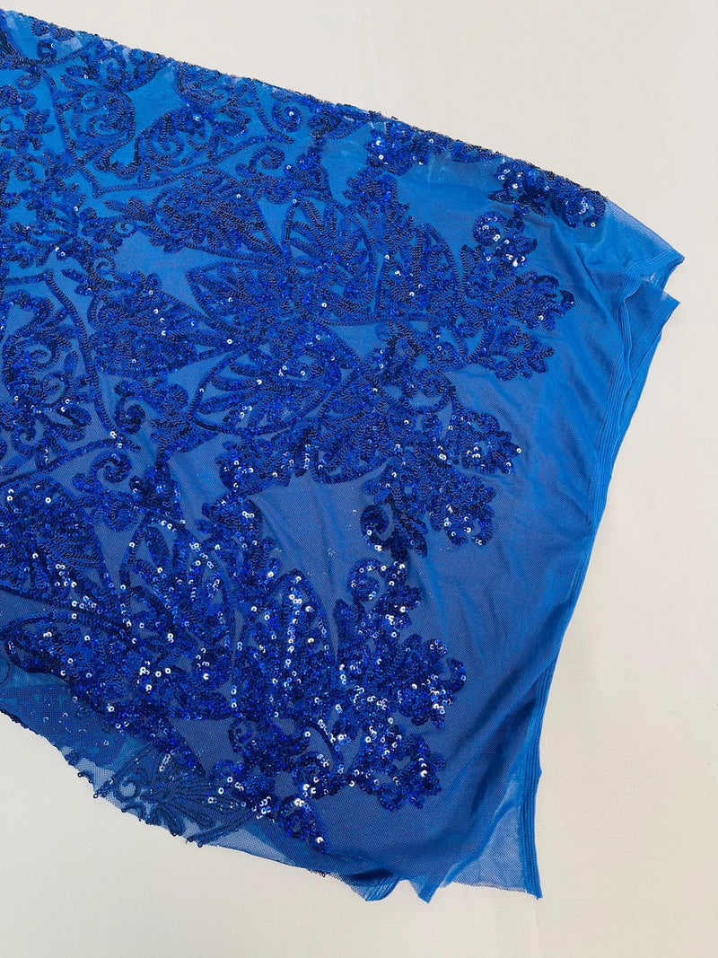 Damask Small Heart Design - Royal Blue - Floral Heart Design Sequins on Mesh By Yard