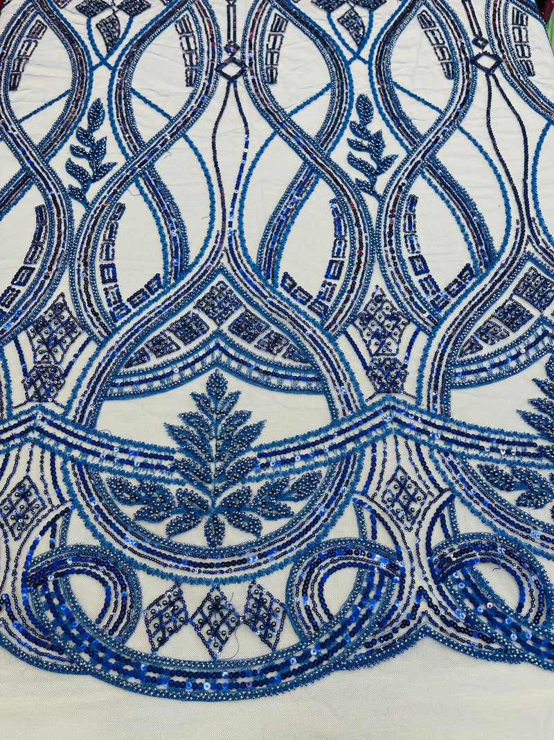 Fancy Beaded Design Fabric - Royal Blue - Wavy Pattern and Embroidered Beads Fabric Sold By Yard