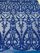 Heart Shape Sequins Fabric - Royal Blue - 4 Way Stretch Sequins Damask Fabric By Yard