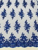 Fancy Border Cluster Fabric - Royal Blue - Embroidered Beaded Flower Lace Design on Mesh Yard