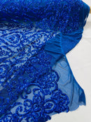 Damask Fancy Pattern Fabric - Royal Blue - 4 Way Stretch Sequins Prom Design By Yard