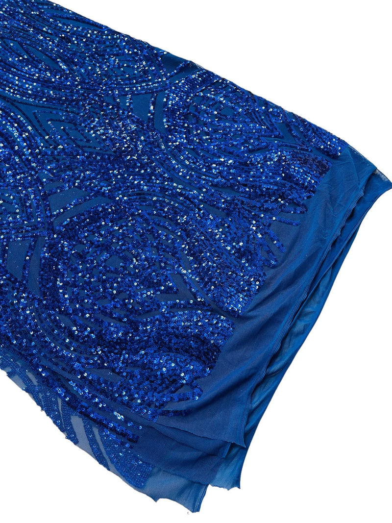 Long Wavy Line Design Sequins - Royal Blue - 4 Way Stretch Sequin Design on Mesh Fabric By Yard