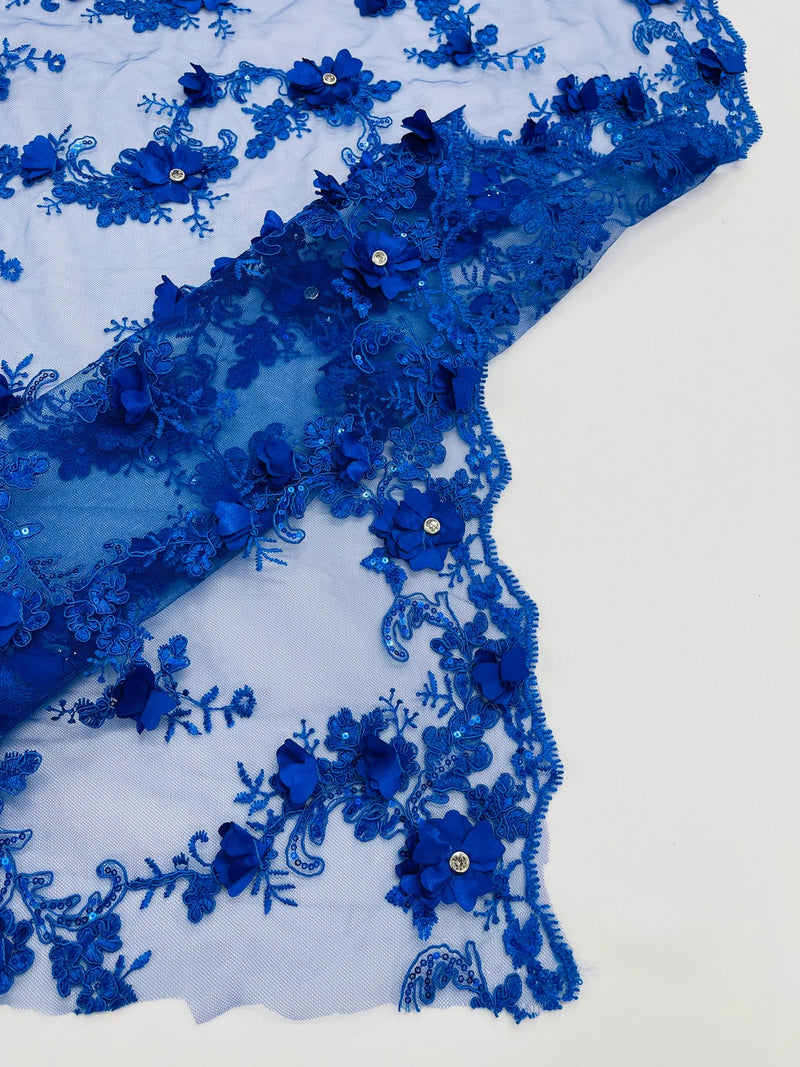 3D Flower Sequin Cluster Design - Royal Blue - Sequins Embroidered Floral Design on Tulle Sold By Yard