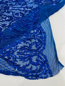 Heart Shape Sequins Fabric - Royal Blue - 4 Way Stretch Sequins Damask Fabric By Yard