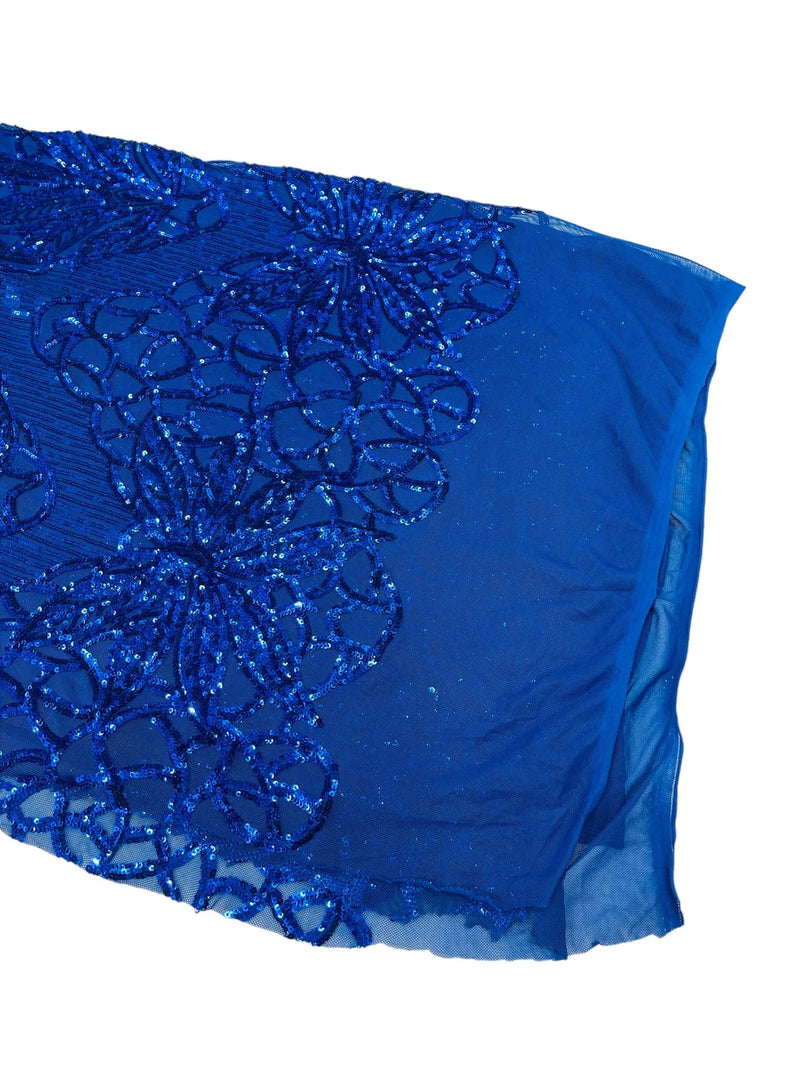 Floral Star Leaf Design - Royal Blue - 4 Way Stretch Sequin Floral Design on Mesh By Yard