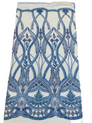 Fancy Beaded Design Fabric - Royal Blue - Wavy Pattern and Embroidered Beads Fabric Sold By Yard