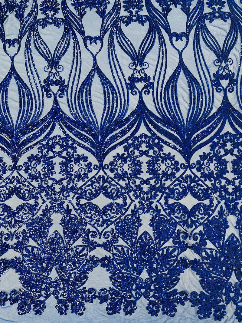 Damask Small Heart Design - Royal Blue - Floral Heart Design Sequins on Mesh By Yard