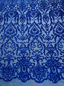 Damask Fancy Pattern Fabric - Royal Blue - 4 Way Stretch Sequins Prom Design By Yard