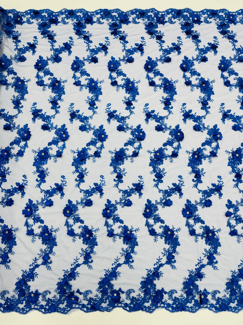 3D Flower Sequin Cluster Design - Royal Blue - Sequins Embroidered Floral Design on Tulle Sold By Yard
