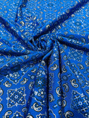 Bandana Spandex Print Fabrics - Royal Blue - Bandana Design Stretch Spandex Fabric By Yard