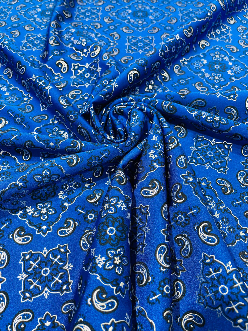 Bandana Spandex Print Fabrics - Royal Blue - Bandana Design Stretch Spandex Fabric By Yard