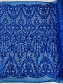 Heart Shape Sequins Fabric - Royal Blue - 4 Way Stretch Sequins Damask Fabric By Yard