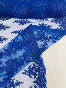 Fancy Border Cluster Fabric - Royal Blue - Embroidered Beaded Flower Lace Design on Mesh Yard