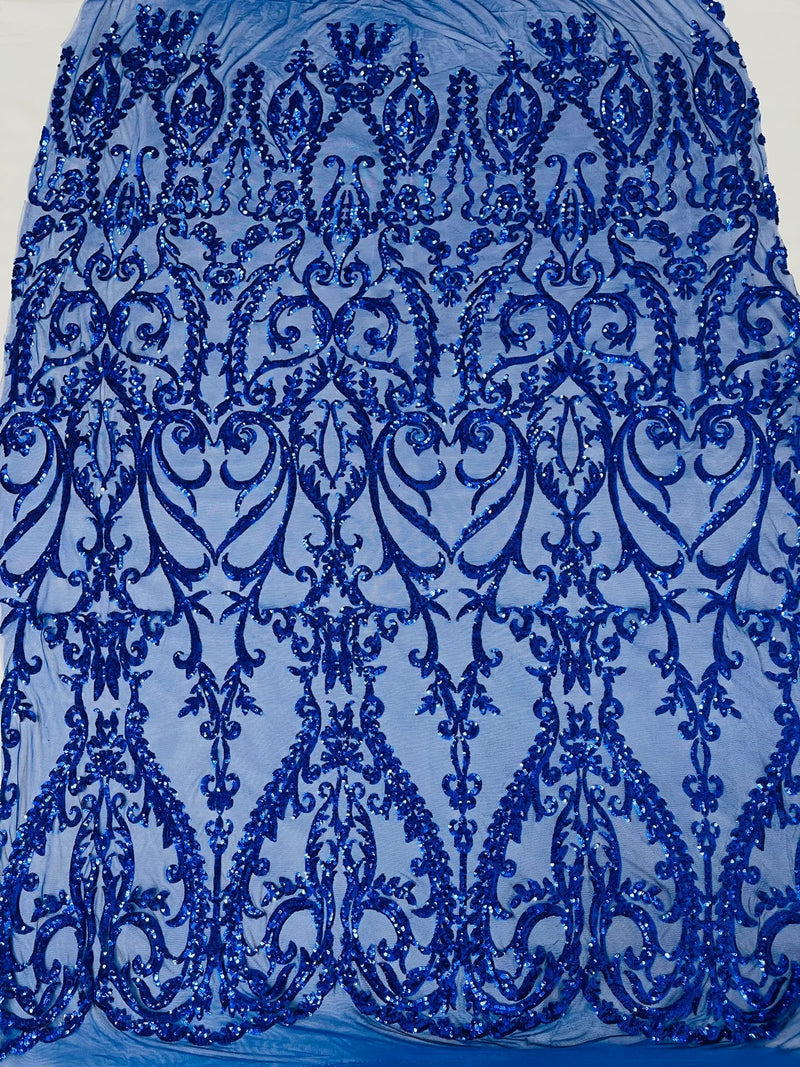 Heart Shape Sequins Fabric - Royal Blue - 4 Way Stretch Sequins Damask Fabric By Yard
