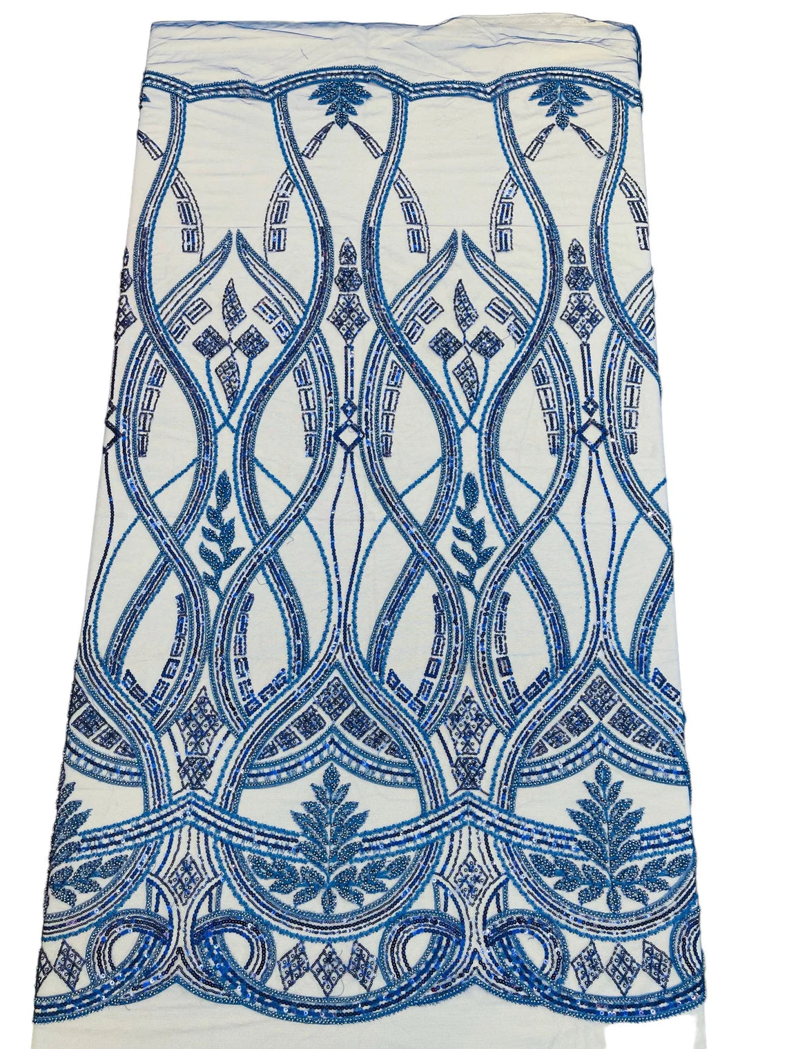 Fancy Beaded Design Fabric Royal Blue Wavy Pattern and Embroidered