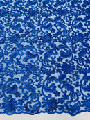 Metallic Flower Design - Royal Blue - Corded Floral Pattern Sequins Fabric Sold By Yard