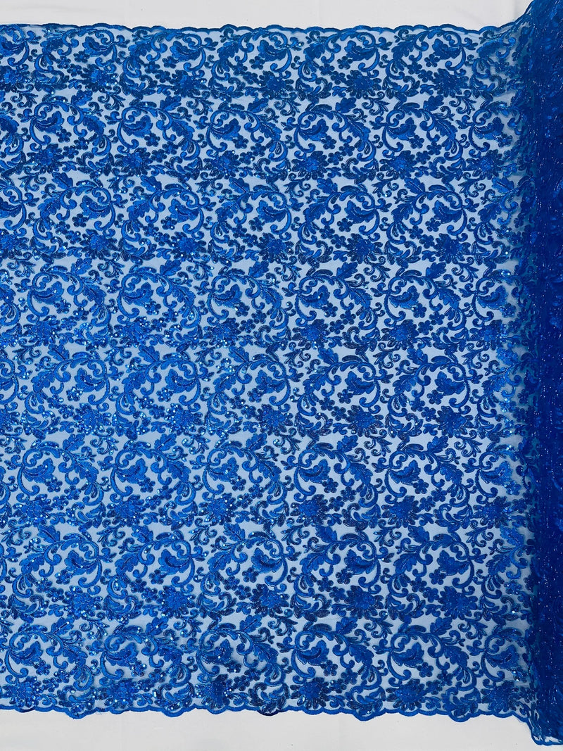 Metallic Flower Design - Royal Blue - Corded Floral Pattern Sequins Fabric Sold By Yard