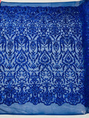 Damask Fancy Pattern Fabric - Royal Blue - 4 Way Stretch Sequins Prom Design By Yard
