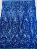 Long Wavy Line Design Sequins - Royal Blue - 4 Way Stretch Sequin Design on Mesh Fabric By Yard
